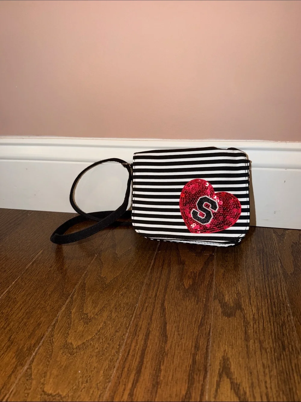 Justice Black & White Stripe Crossbody with Red Sequin Heart